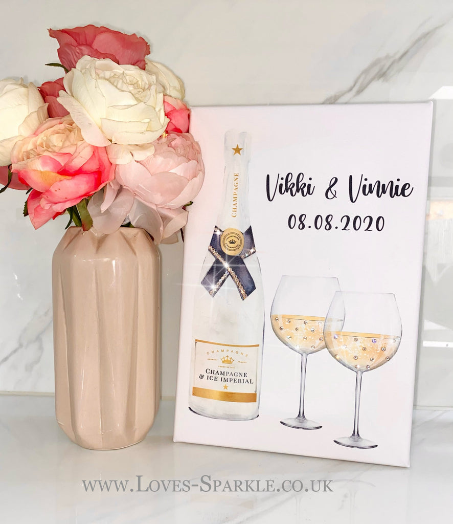 Personalised Champagne Bottle + Wine Glass Crystal Canvas